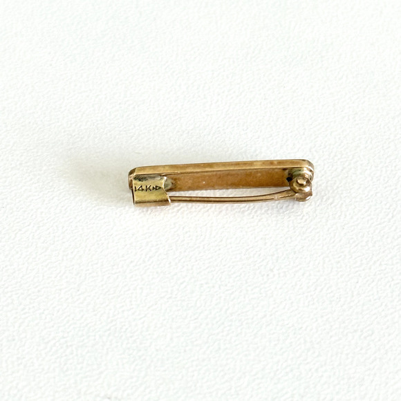 Antique 14K Yellow Gold Blue Guilloche Enamel Detail Small Petite Bar Brooch Pin - Picture 5 of 13